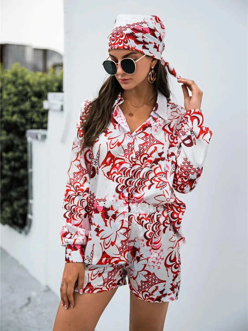 Printed Button Up Long Sleeve Shirt and Shorts Set - Trendsi - Flyclothing LLC