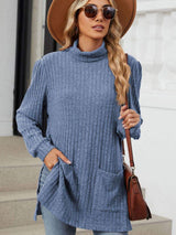 Slit Mock Neck Long Sleeve T-Shirt - Trendsi - Flyclothing LLC