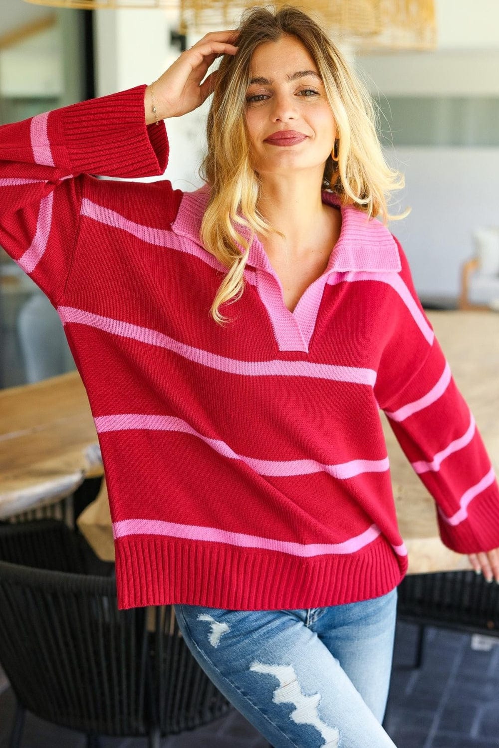 Haptics Collared Neck Striped Contrast Sweater - Trendsi