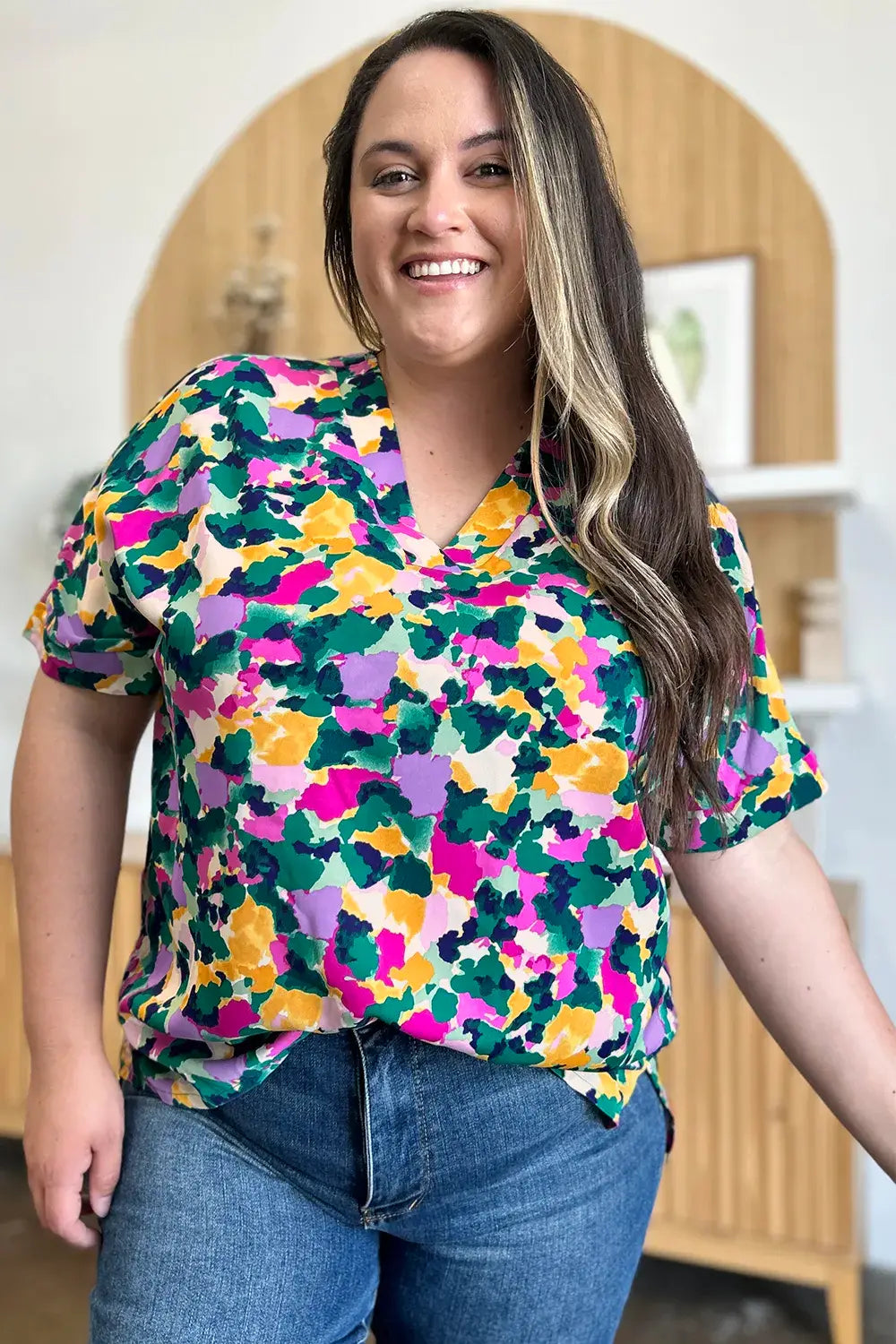 Double Take Full Size Printed V-Neck Short Sleeve Side Slit Top - Trendsi - Flyclothing LLC