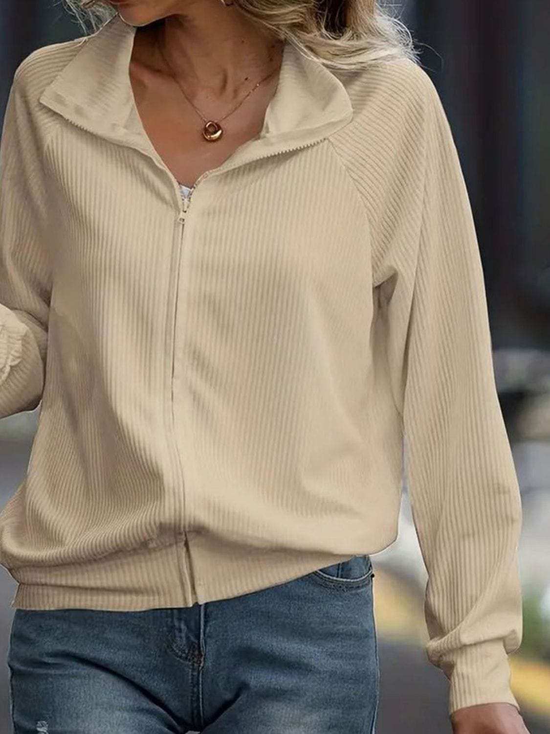 Zip Up Collared Neck Raglan Sleeve Jacket - Trendsi - Flyclothing LLC