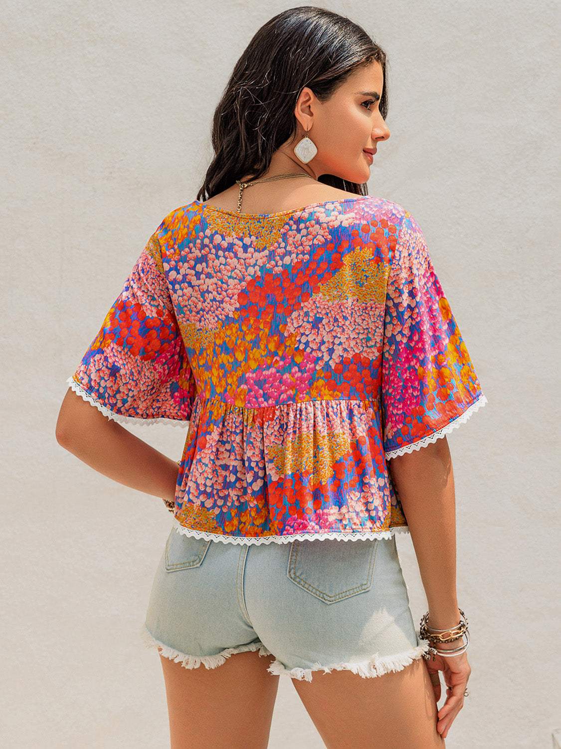 Ruched Printed Half Sleeve Blouse - Trendsi - Flyclothing LLC