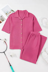 Solid Color Textured Buttoned Shirt and Casual Pants Set - Trendsi - Flyclothing LLC