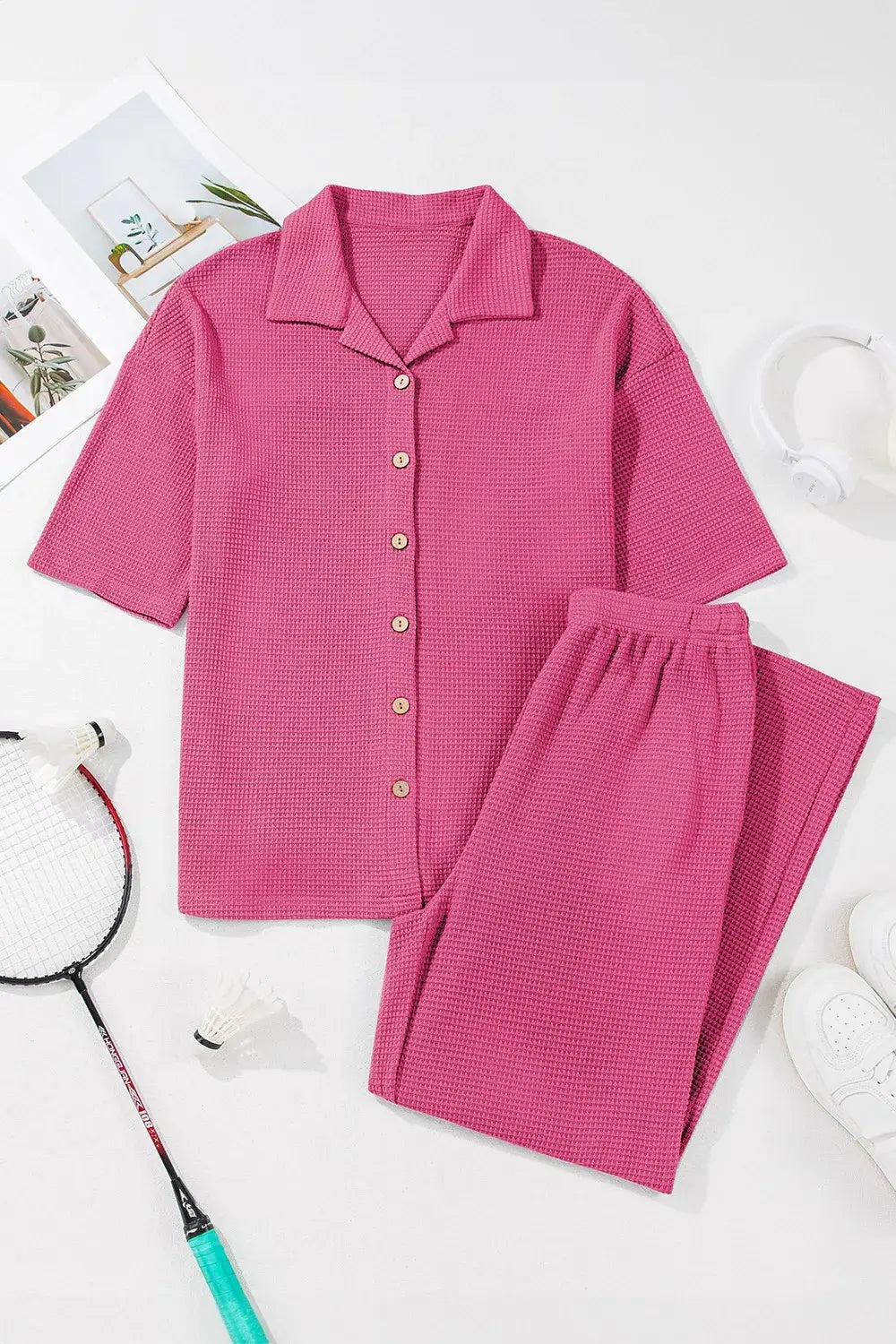 Solid Color Textured Buttoned Shirt and Casual Pants Set - Trendsi - Flyclothing LLC