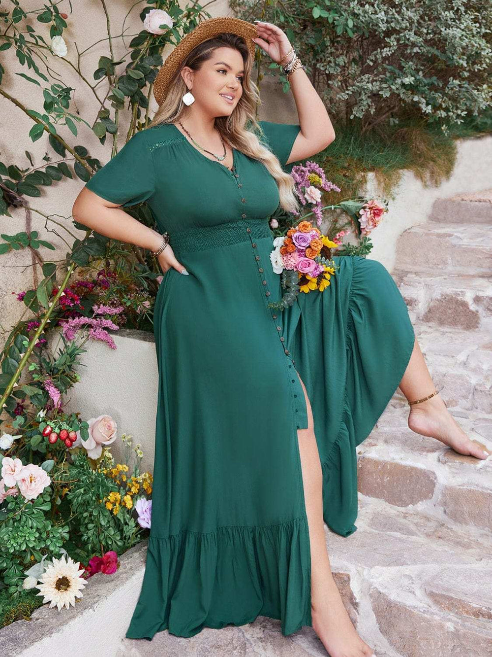 Plus Size Button Detail V-Neck Short Sleeve Maxi Dress - Trendsi - Flyclothing LLC