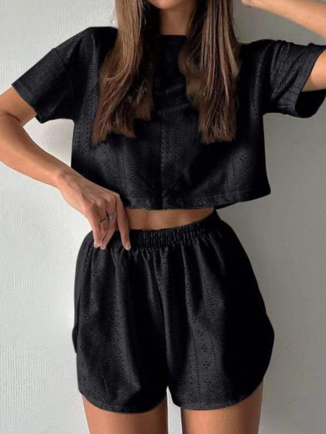 Eyelet Round Neck Top and Shorts Set - Trendsi - Flyclothing LLC