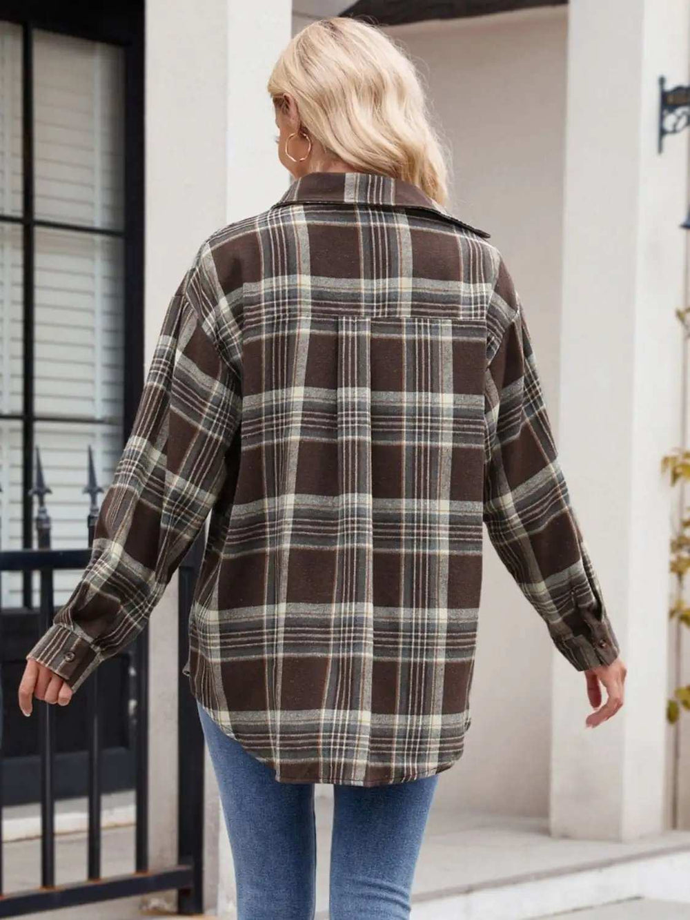 Pocketed Plaid Collared Neck Long Sleeve Shirt - Trendsi - Flyclothing LLC