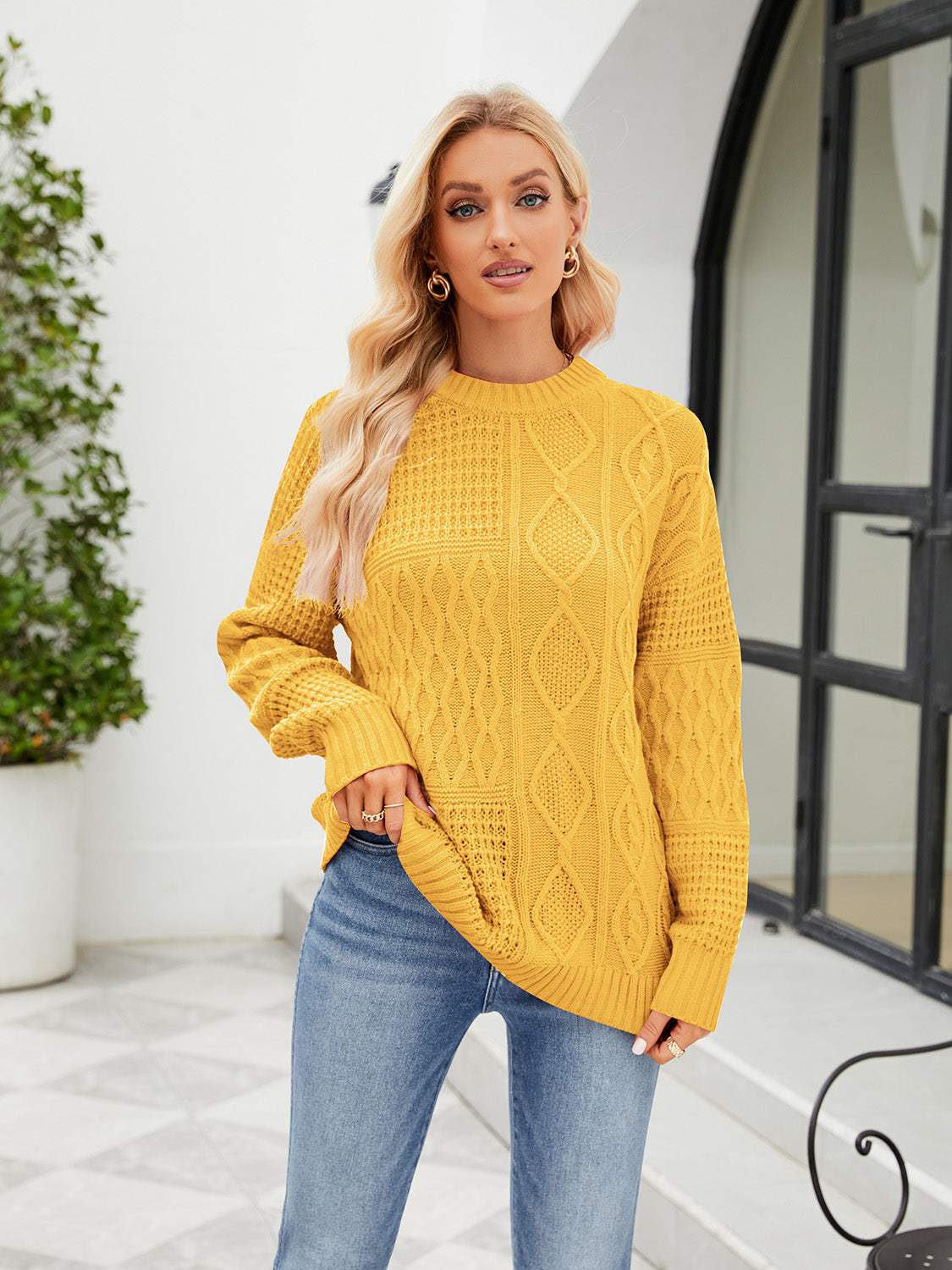 Round Neck Dropped Shoulder Sweater - Trendsi - Flyclothing LLC