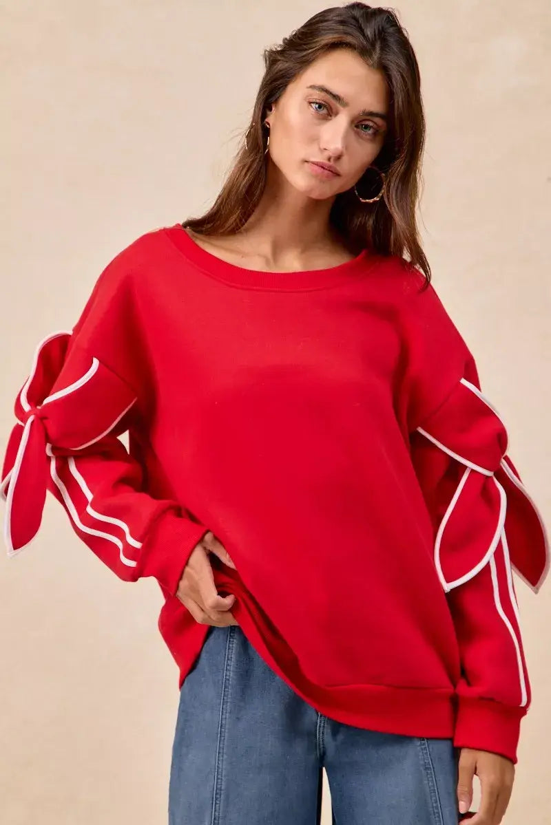 BiBi Bow Detail Sleeves Fleece Sweatshirt - Trendsi - Flyclothing LLC