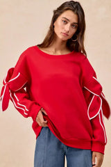 BiBi Bow Detail Sleeves Fleece Sweatshirt - Trendsi - Flyclothing LLC