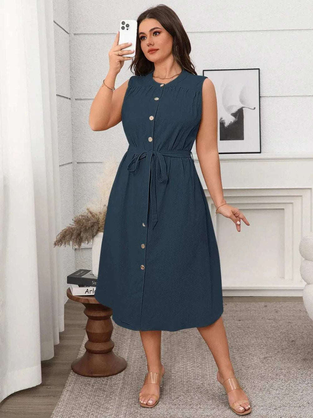 Plus Size Button Front Tie Waist Sleeveless Dress - Trendsi - Flyclothing LLC
