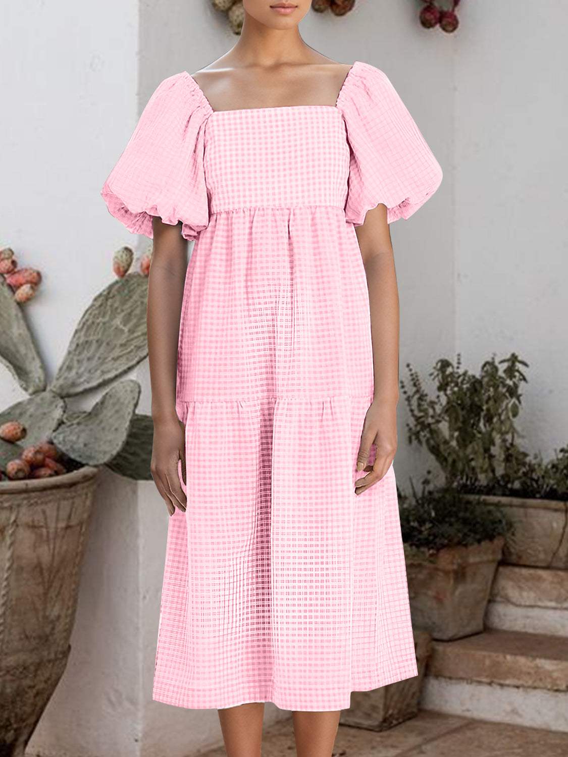 Plaid Square Neck Short Sleeve Dress - Trendsi - Flyclothing LLC