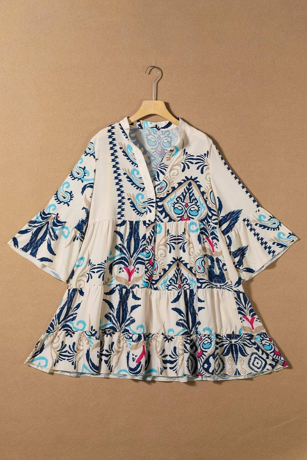 Printed Notched Three-Quarter Sleeve Mini Dress - Trendsi - Flyclothing LLC