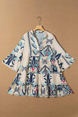 Printed Notched Three-Quarter Sleeve Mini Dress - Trendsi - Flyclothing LLC