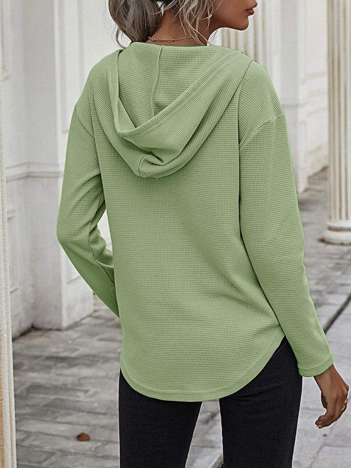 Drawstring Waffle Knit Long Sleeve Hooded Top - Trendsi - Flyclothing LLC