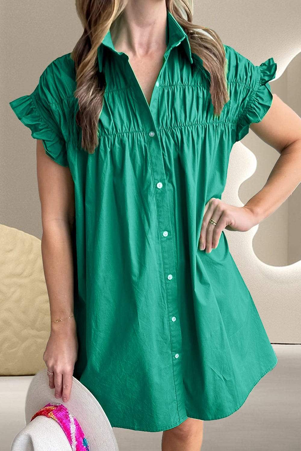 Collared Neck Flounce Sleeve Dress - Trendsi - Flyclothing LLC