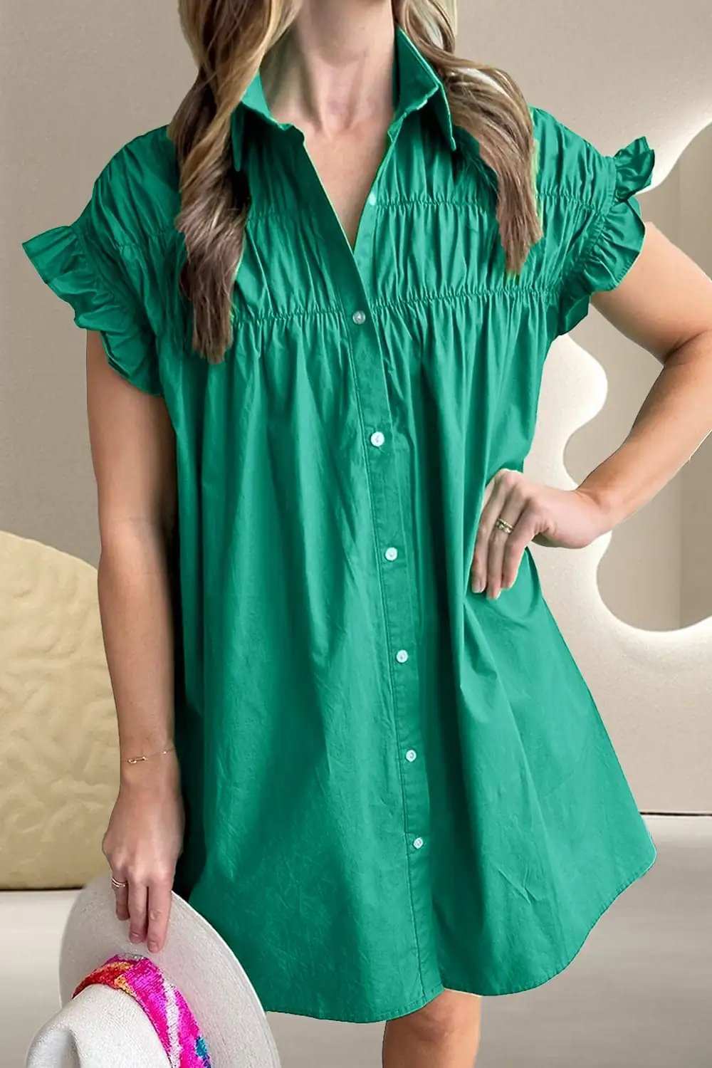 Collared Neck Flounce Sleeve Dress - Trendsi - Flyclothing LLC