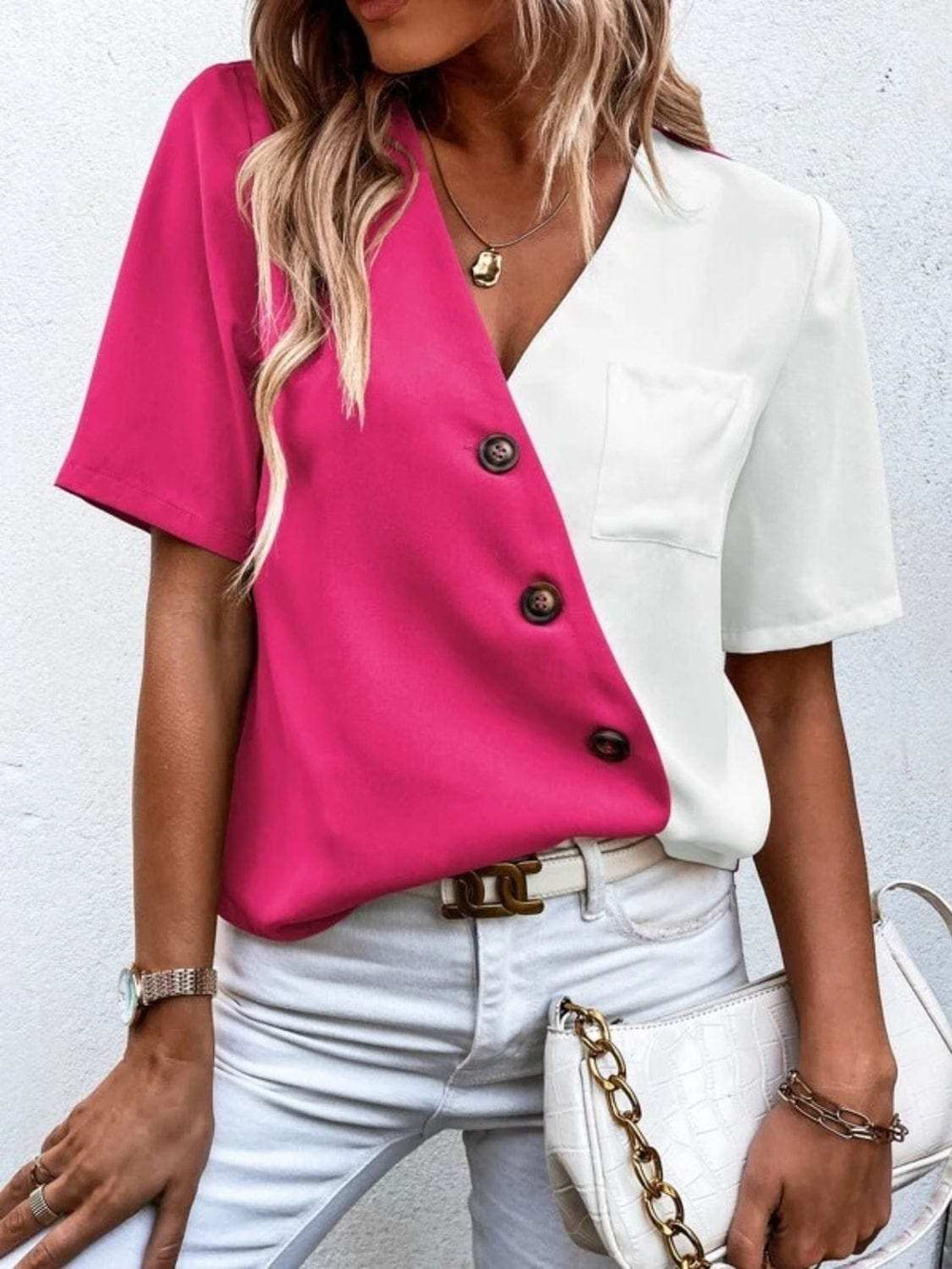 Decorative Button Surplice Short Sleeve Blouse - Trendsi - Flyclothing LLC