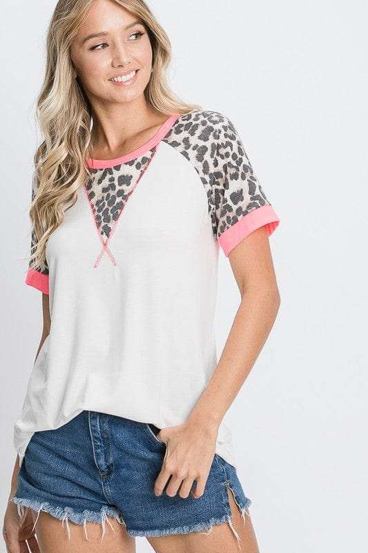HeimishFull Size Leopard Round Neck Short Sleeve T-Shirt with Stitch Plus Size - Trendsi - Flyclothing LLC