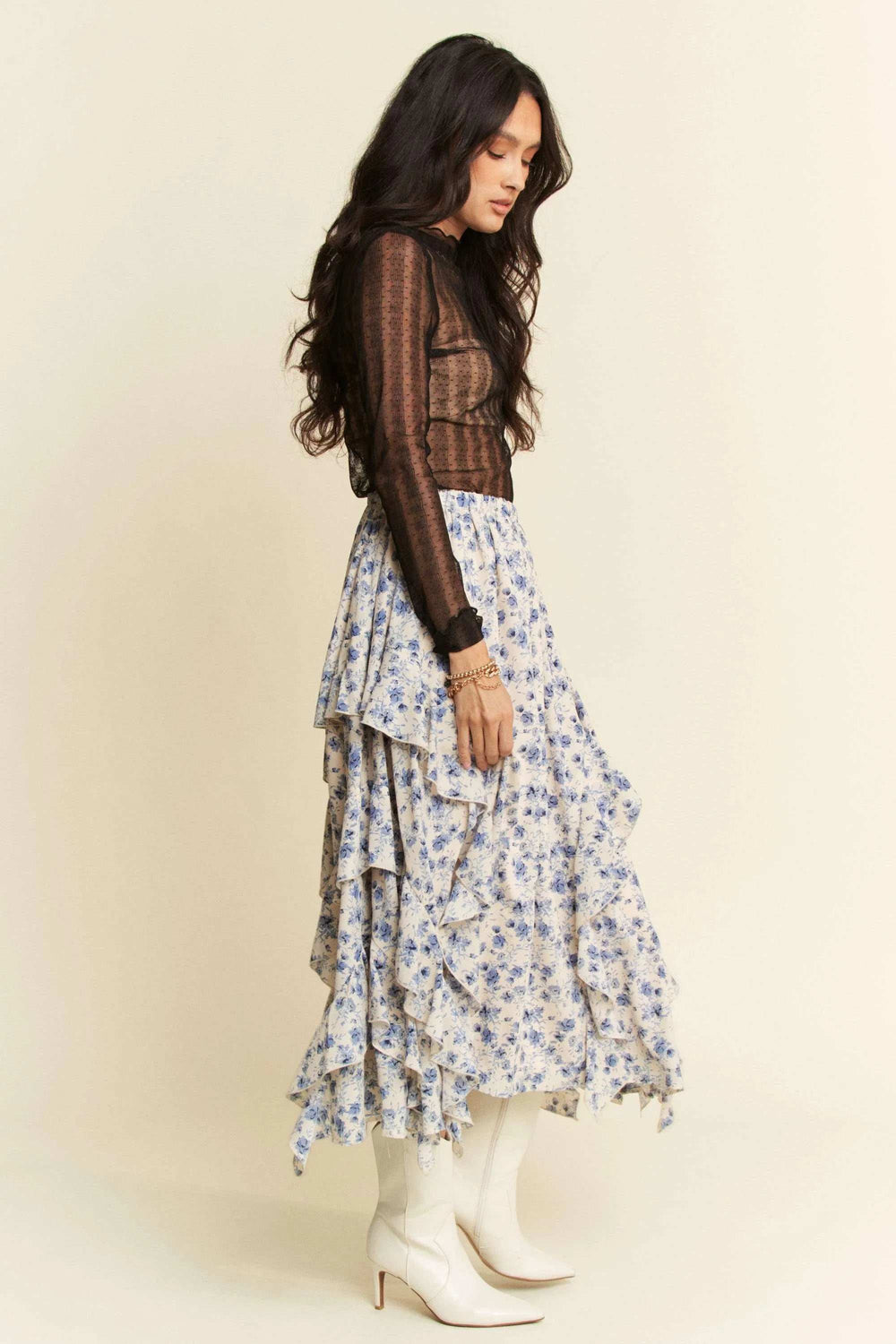 Davi & Dani Turtle Neck Lace Dotted Stretch Mesh Sheer Top - Trendsi - Flyclothing LLC