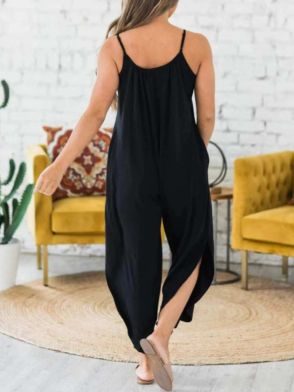 Slit Spaghetti Strap Jumpsuit with Pockets - Trendsi - Flyclothing LLC