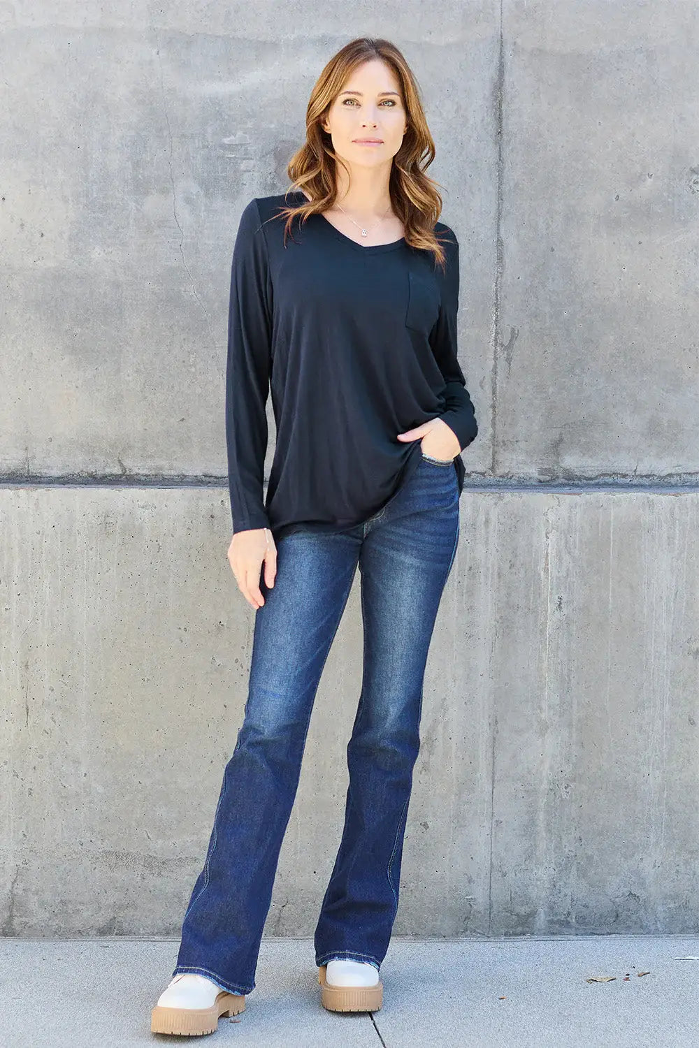 Basic Bae Full Size V-Neck Long Sleeve Top - ShopBasicbae - Flyclothing LLC