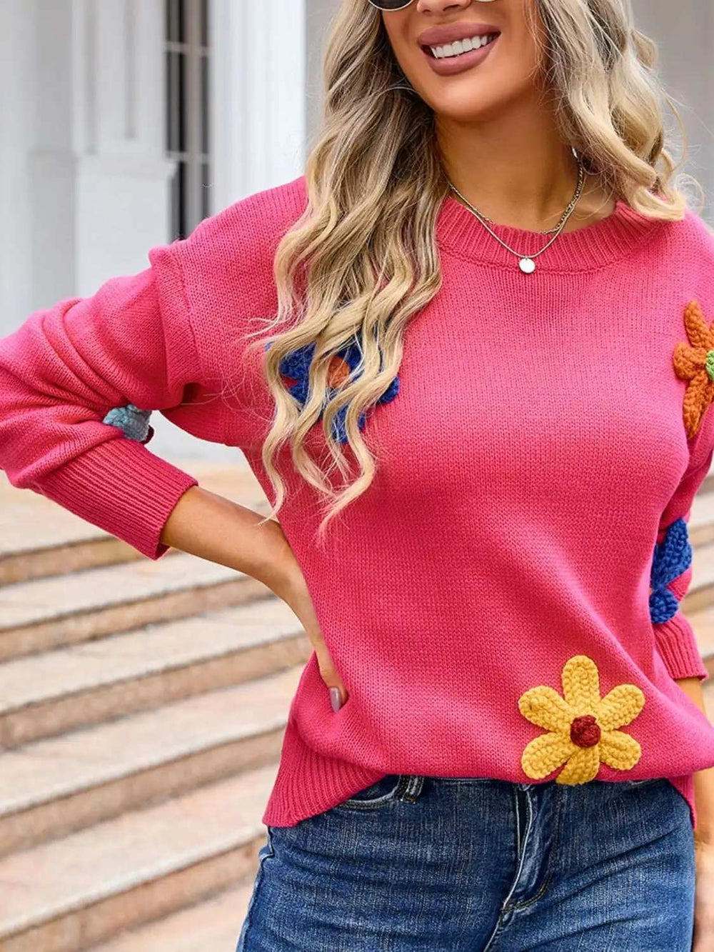 Crochet Flower Round Neck Sweater - Trendsi - Flyclothing LLC