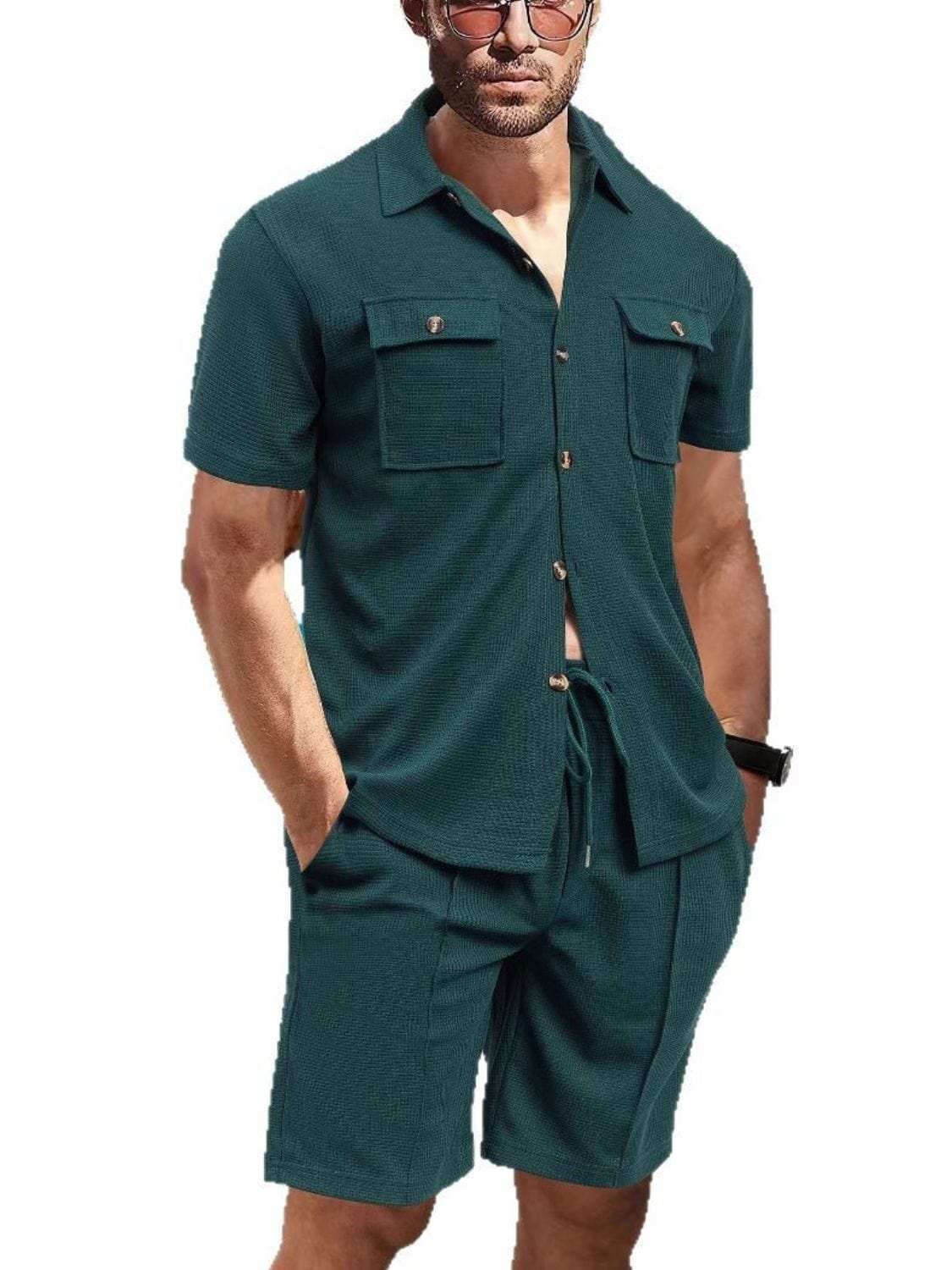 Men's Full Size Button Down Short Sleeve Top and Shorts Set Plus Size - Trendsi - Flyclothing LLC