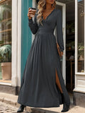 Lace Detail Slit V-Neck Long Sleeve Dress - Trendsi