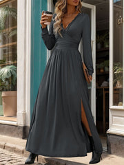 Lace Detail Slit V-Neck Long Sleeve Dress - Trendsi