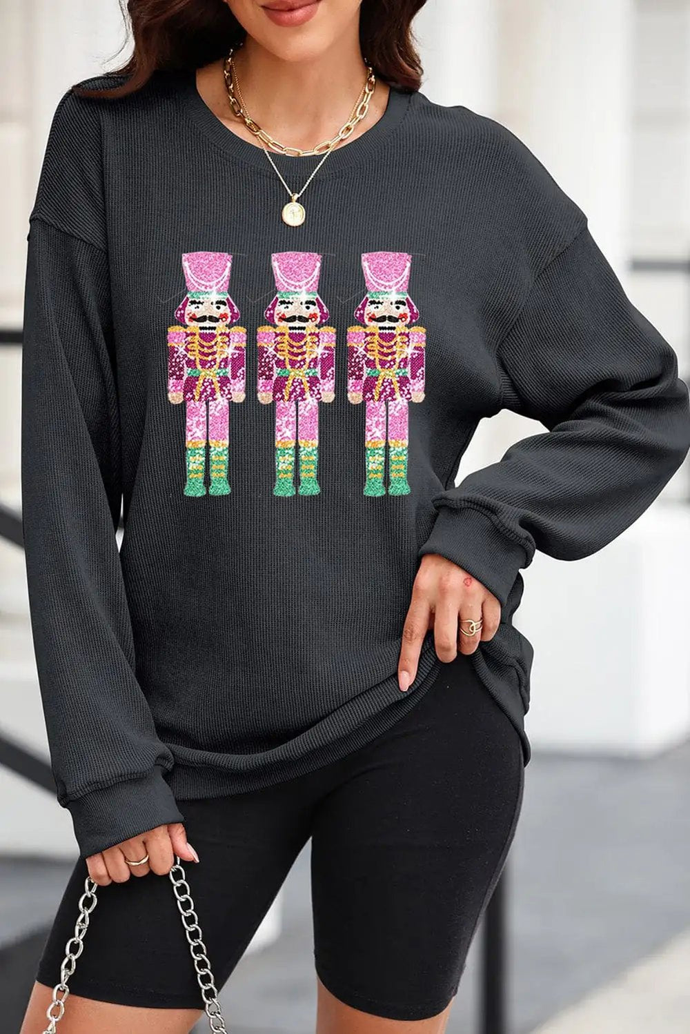 Sequin Nutcracker Round Neck Long Sleeve Sweatshirt - Trendsi