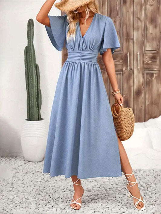 Side Slit Surplice Flutter Sleeve Midi Dress - Trendsi - Flyclothing LLC