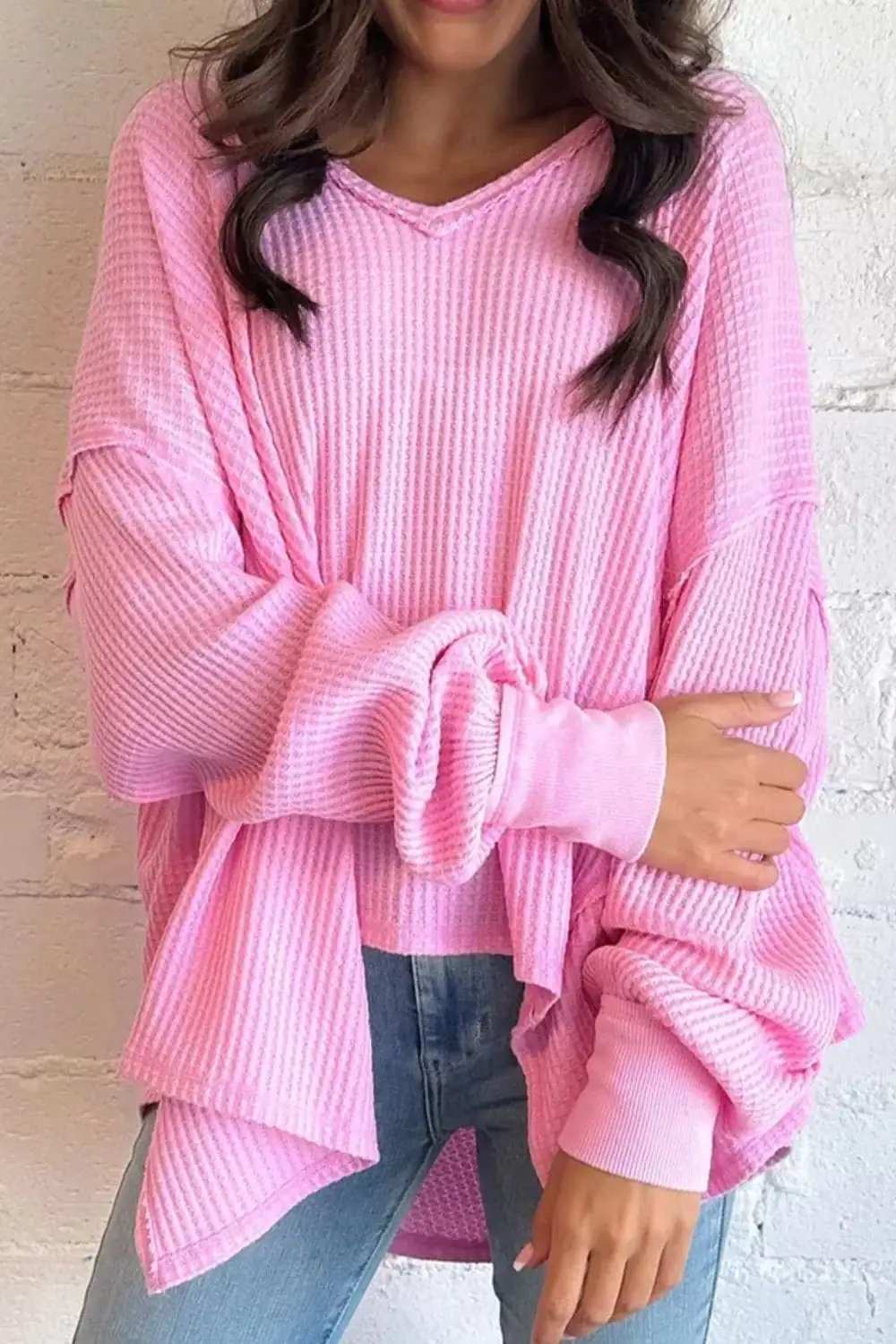 Waffle-Knit V-Neck Long Sleeve Blouse - Trendsi - Flyclothing LLC
