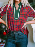 Plaid Notched Short Sleeve Blouse - Trendsi - Flyclothing LLC