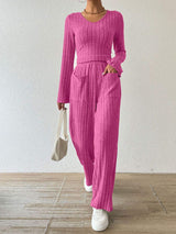 Ribbed V-Neck Long Sleeve Top and Pocketed Pants Set - Trendsi - Flyclothing LLC