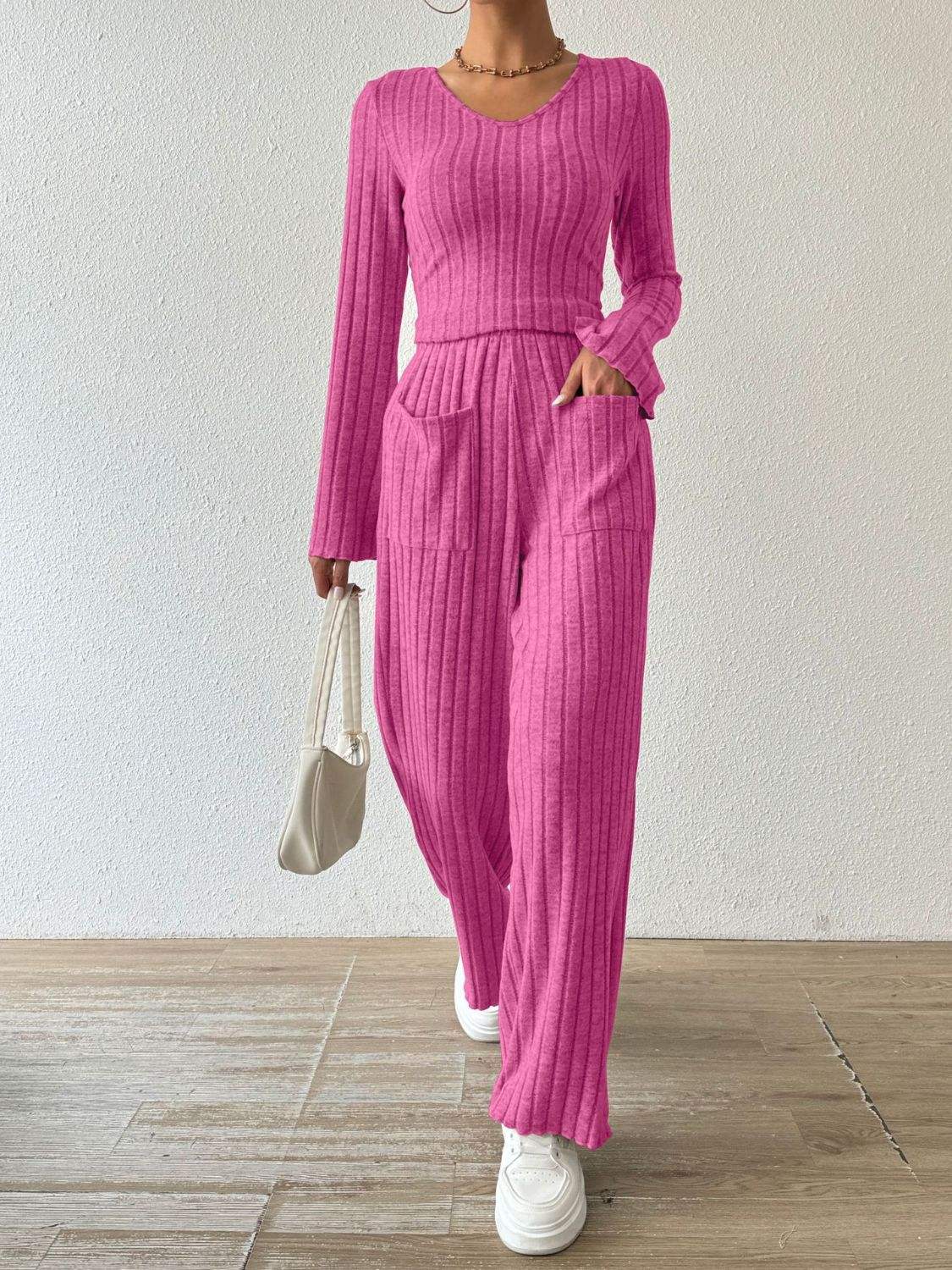 Ribbed V-Neck Long Sleeve Top and Pocketed Pants Set - Trendsi - Flyclothing LLC