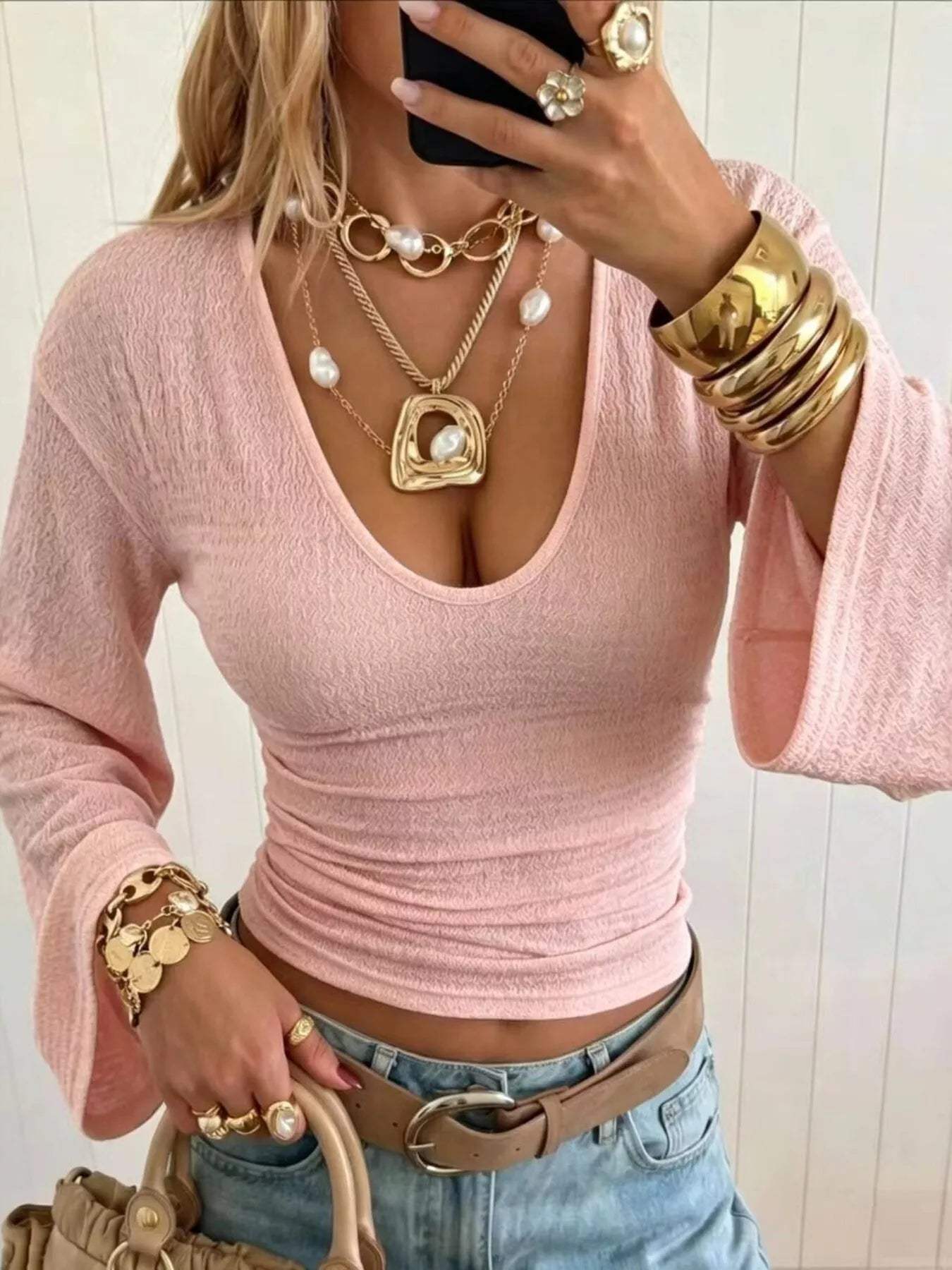 Slim Fit Flare Sleeve Top - Trendsi - Flyclothing LLC