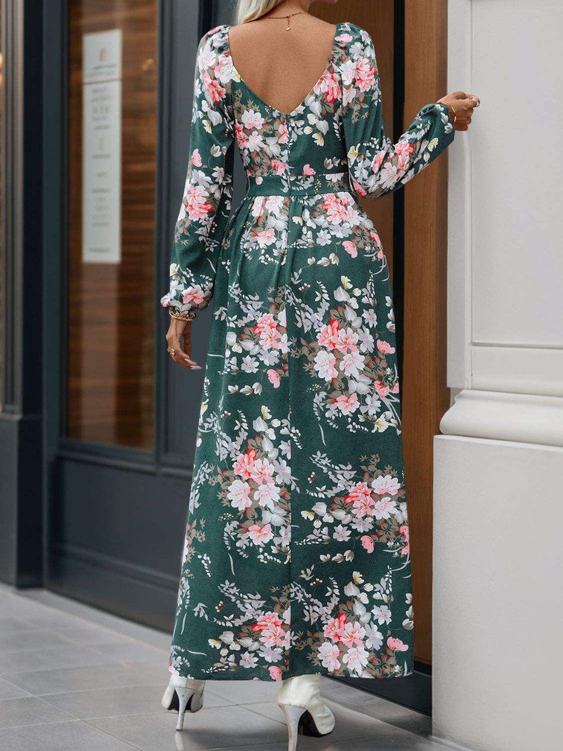 Slit Printed Surplice Long Sleeve Maxi Dress - Trendsi - Flyclothing LLC