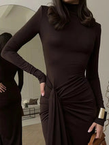 Turtleneck Long Sleeve Slit Maxi Dress - Trendsi - Flyclothing LLC