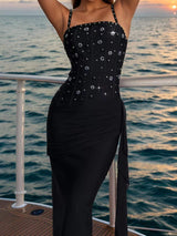 Rhinestone Slit Maxi Dress with Draping Detail - Trendsi - Flyclothing LLC