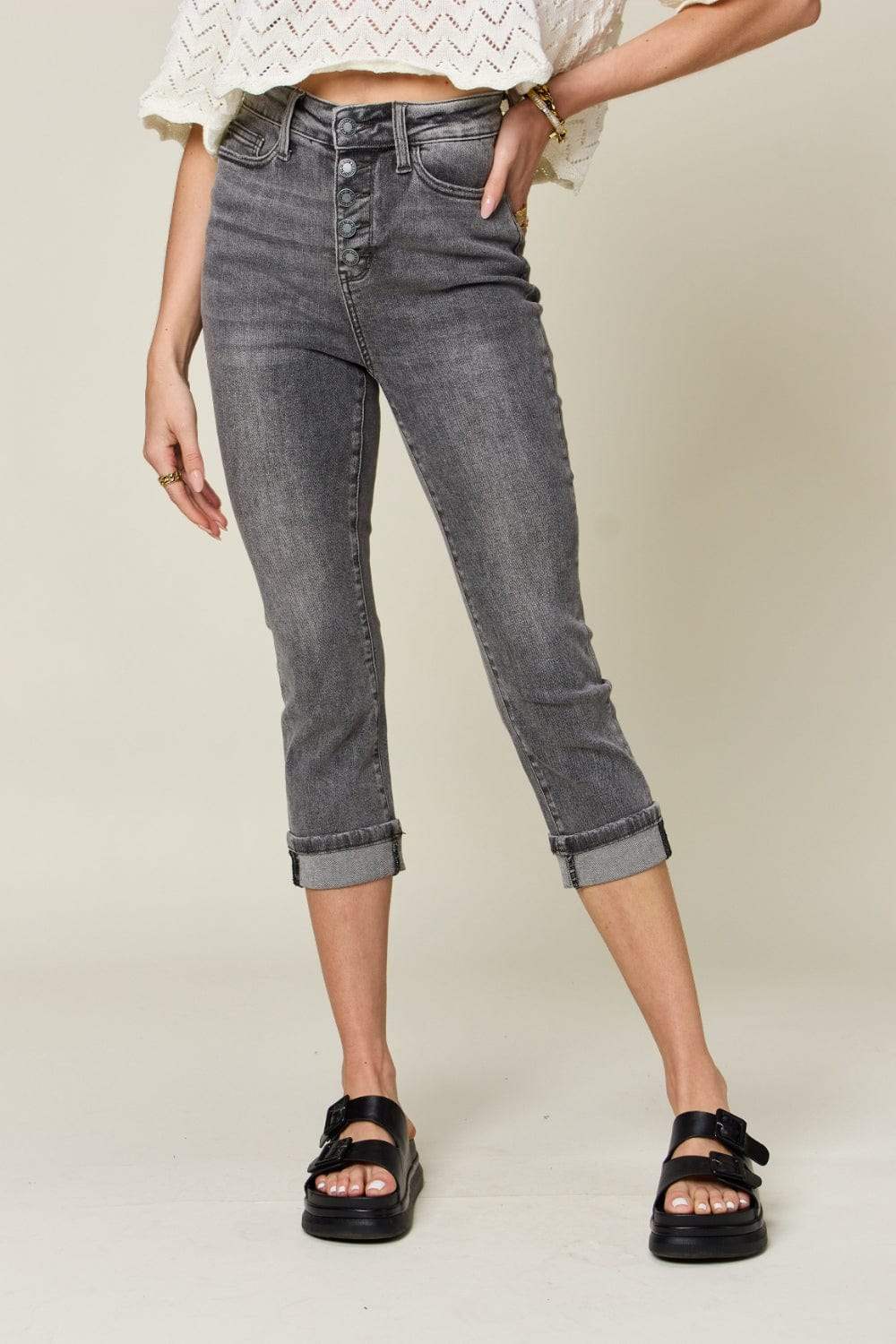 Judy Blue Full Size Button Fly High Waist Cuffed Capris - Trendsi - Flyclothing LLC