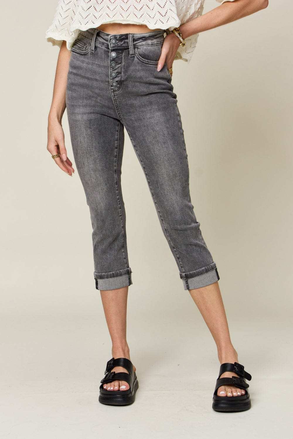 Judy Blue Full Size Button Fly High Waist Cuffed Capris - Trendsi - Flyclothing LLC
