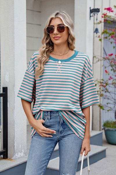 Contrast Striped Round Neck Half Sleeve T-Shirt - Trendsi - Flyclothing LLC