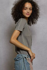 POL V-Neck Short Sleeve Top with Stitch Seam Detail - Trendsi - Flyclothing LLC