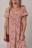 Floral Square Neck Knotted Ruffle Midi Dress - Trendsi