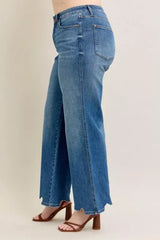 Judy Blue Full Size High Waist Tummy Control Chew Hem Destroy Wide Jeans Plus Size - Trendsi - Flyclothing LLC