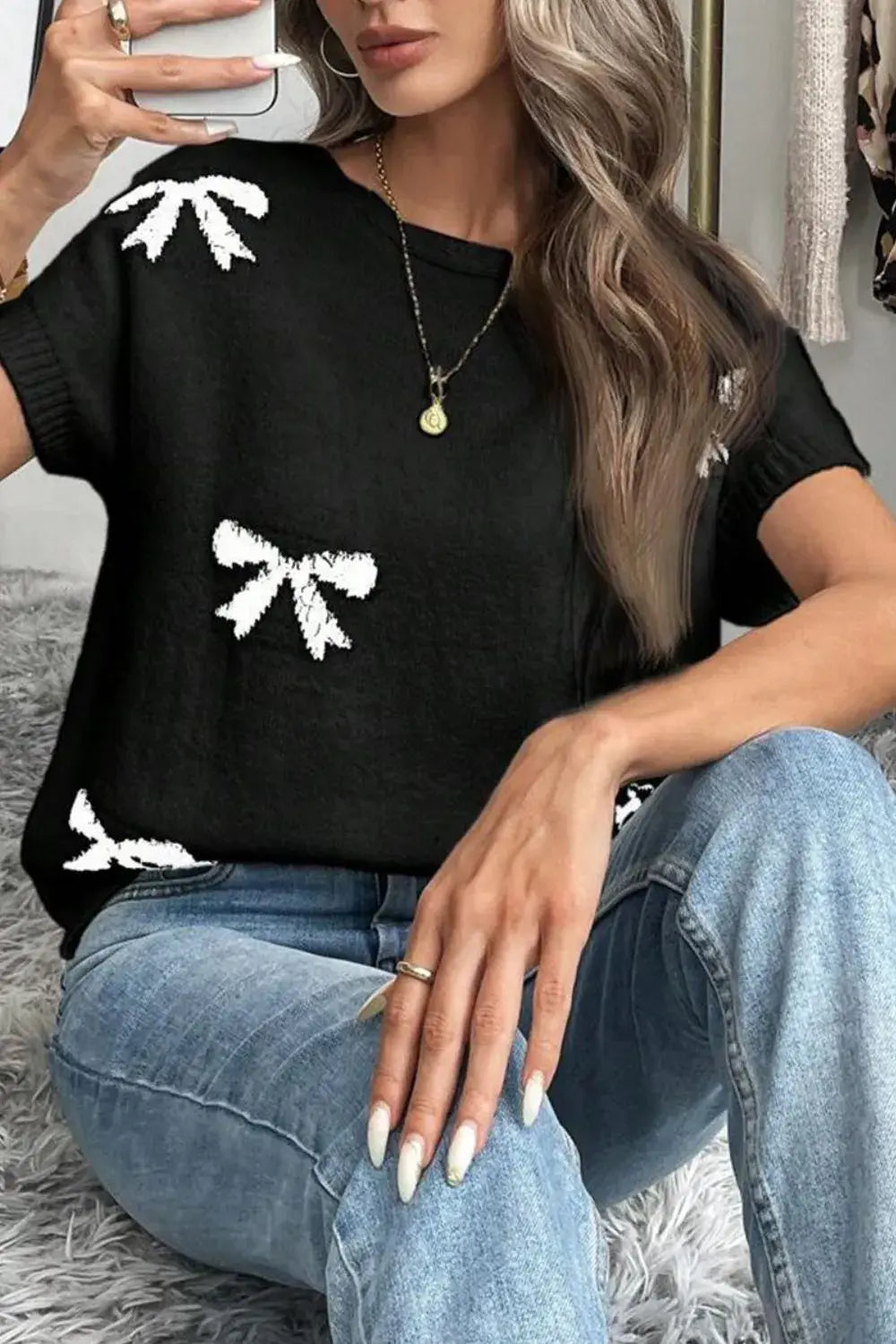 Bow Pattern Knit Short Sleeve Sweater - Trendsi - Flyclothing LLC