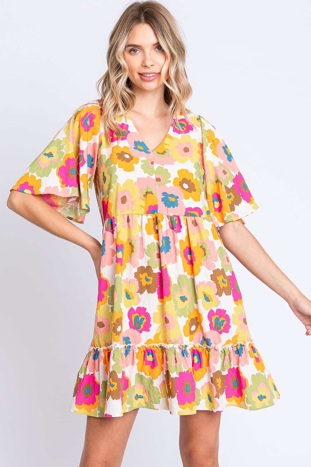 GeeGee Full Size Floral V-Neck Ruffle Trim Mini Dress - Trendsi