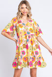 GeeGee Full Size Floral V-Neck Ruffle Trim Mini Dress - Trendsi
