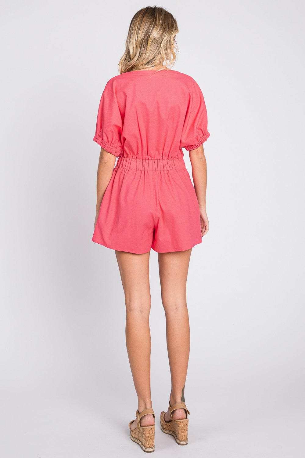 GeeGee Half Button V-Neck Linen Romper - Trendsi - Flyclothing LLC